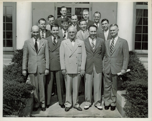 John F Kennedy, President Harry Truman, and others on steps of White House (1947) Government Harry Truman JFK John F Kennedy Politics President White House