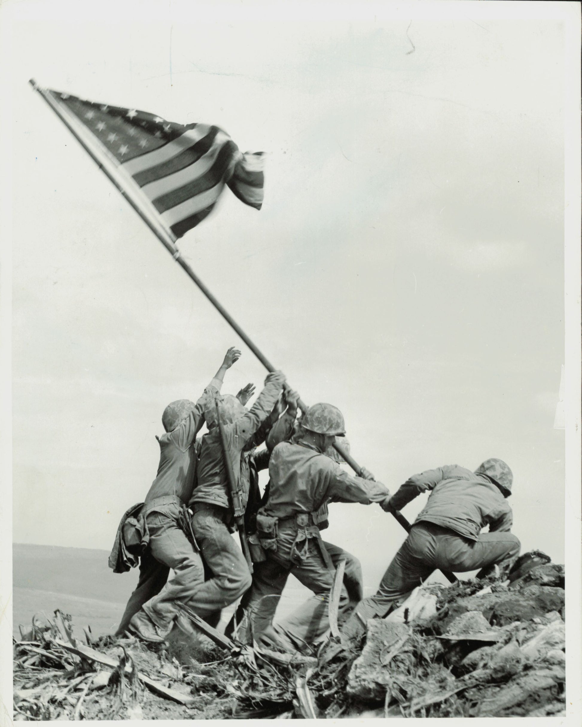 Raising the Flag on Iwo Jima + Background Image (2 vintage prints) Military WWII